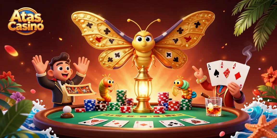Experience vibrant gameplay at Atas Casino with a cartoon moth and poker elements in a rich, dynamic scene.