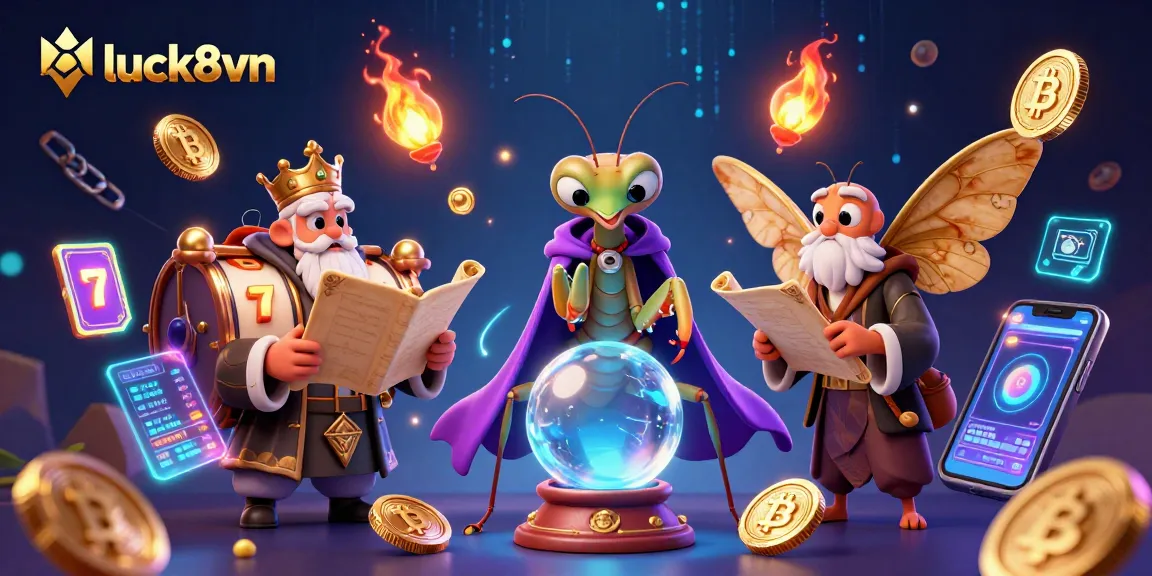 Engage with luck8vn through a vibrant 3D casino illustration showcasing slot games and mystical characters.