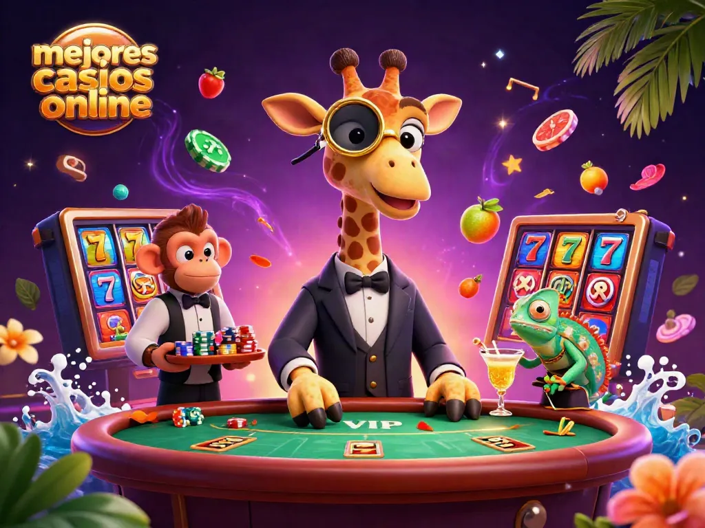 Descubre los mejores casinos online con una ilustración colorida y personajes únicos en acción.