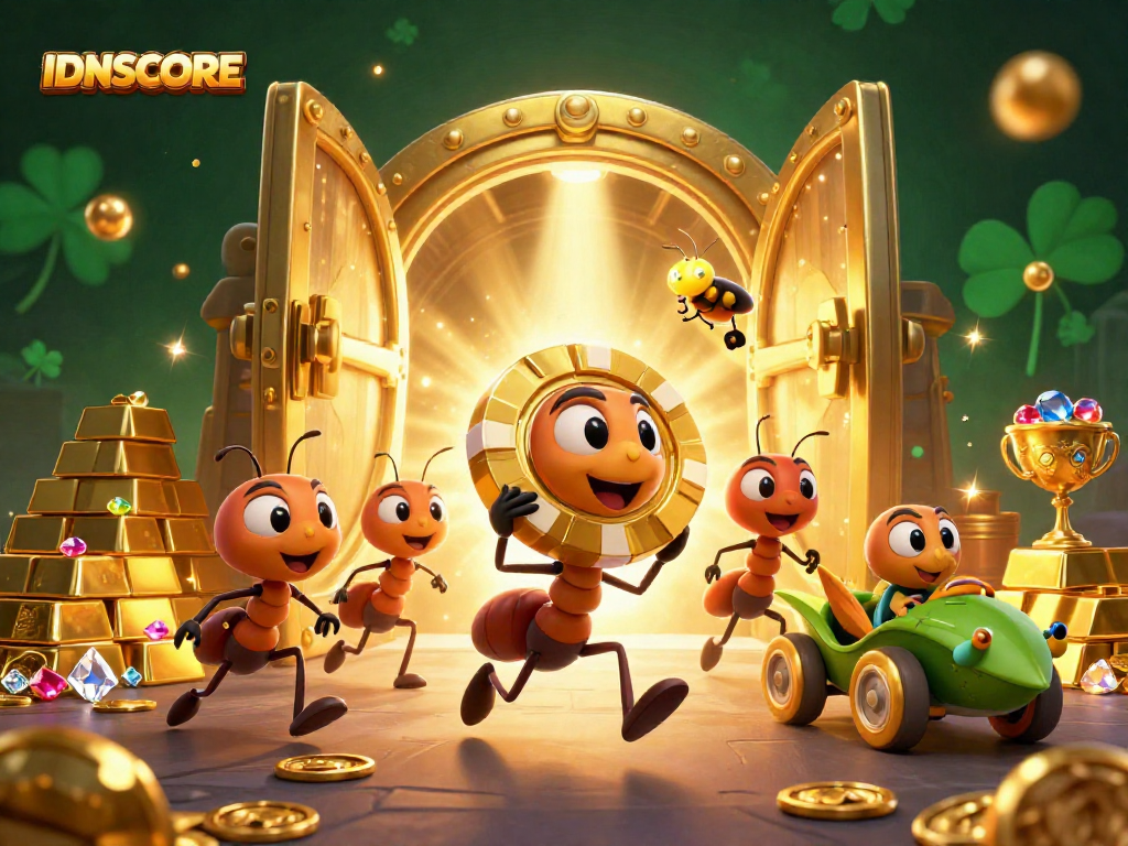 Experience the excitement with IDNSCORE as ants pull off a vibrant slot heist in a thrilling 3D scene.