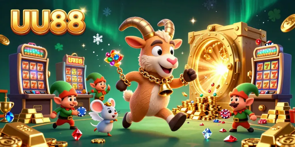 Experience lively gaming at UU88 featuring a whimsical casino with playful characters, vibrant colors, and engaging elements.