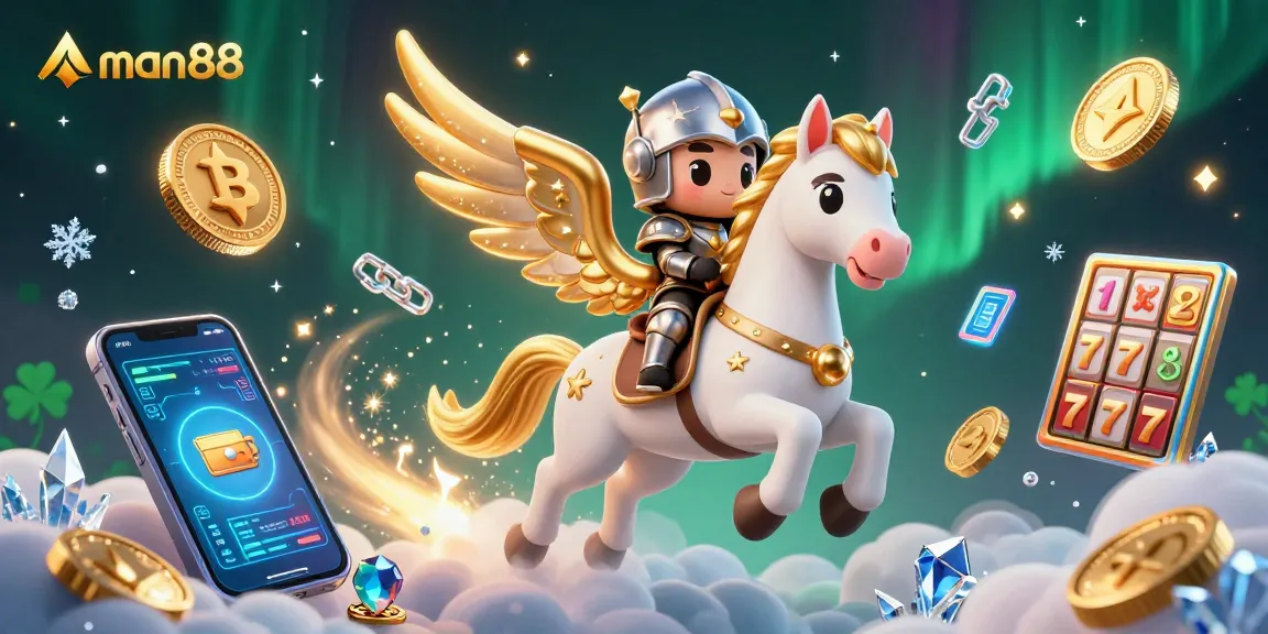 Experience man88's lively gaming scene featuring a celestial horse and crypto symbols.