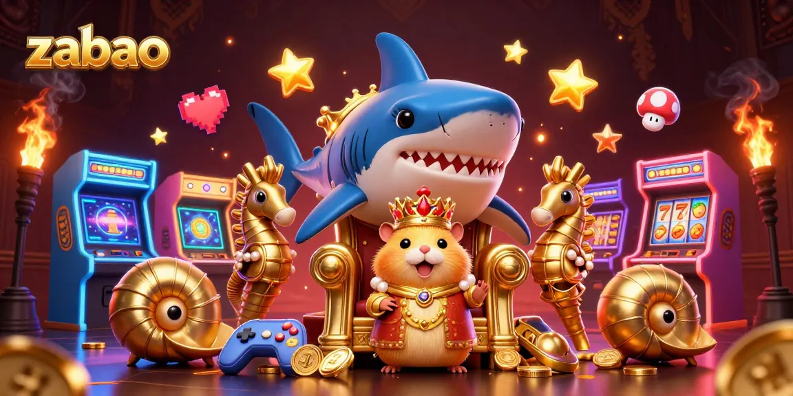 Experience the vibrant zaobao casino scene with a golden hamster king, seahorse guards, and dynamic game elements.