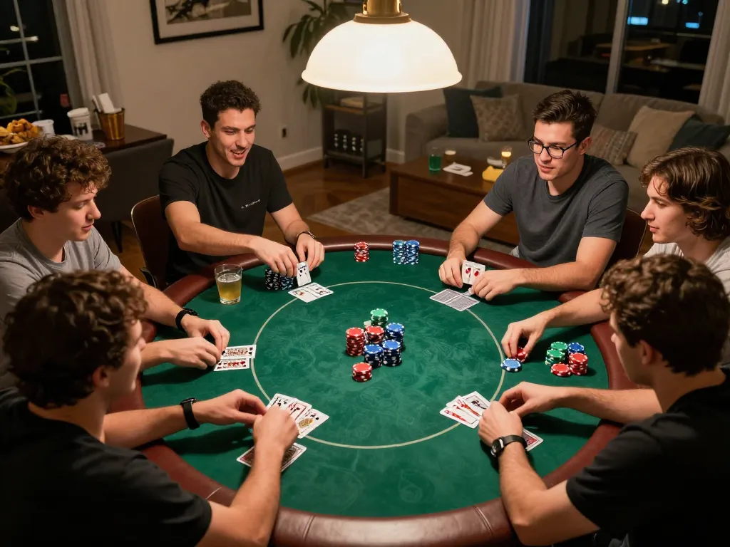 Players enjoying an engaging poker game at home showcasing F168 casino atmosphere with colorful chips and cards.