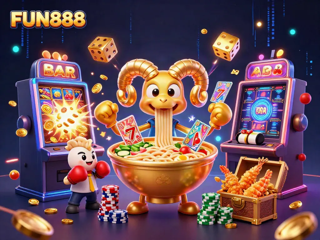 Experience thrilling excitement at FUN888 with a vibrant illustration of a lively casino scene brimming with action and fortune.