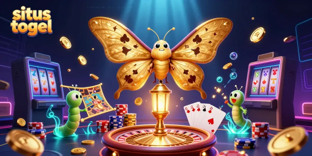 Engage in situs togel with a dynamic scene showcasing golden wings, casino elements, and vibrant visuals.