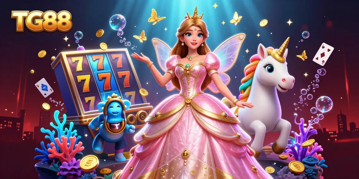 Engage with TG88 through a vibrant 3D casino scene featuring slots and a magical unicorn.
