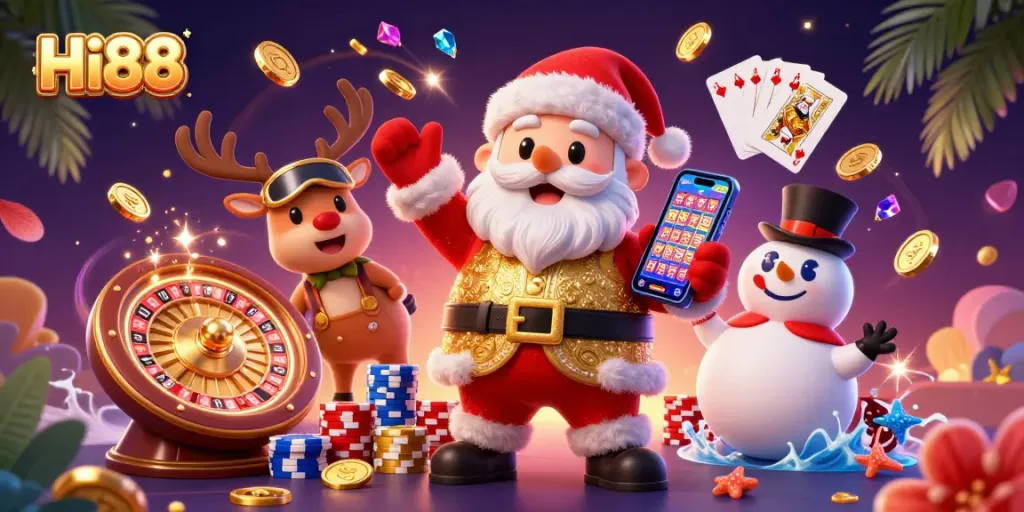 Hi88 offers exciting online gaming featuring a colorful 3D casino scene with joyful characters.