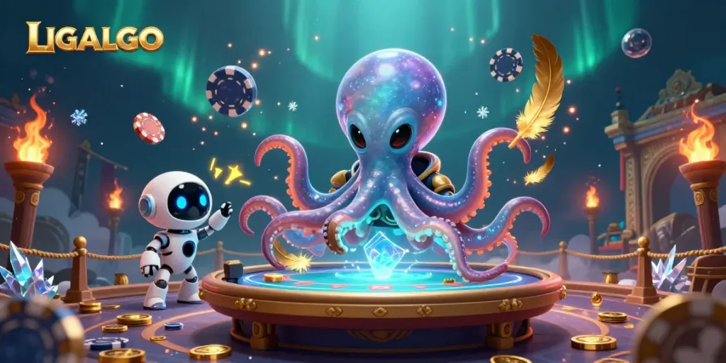 Experience LIGALGO as a vibrant alien octopus expertly handling a holographic poker table amidst swirling cosmic elements