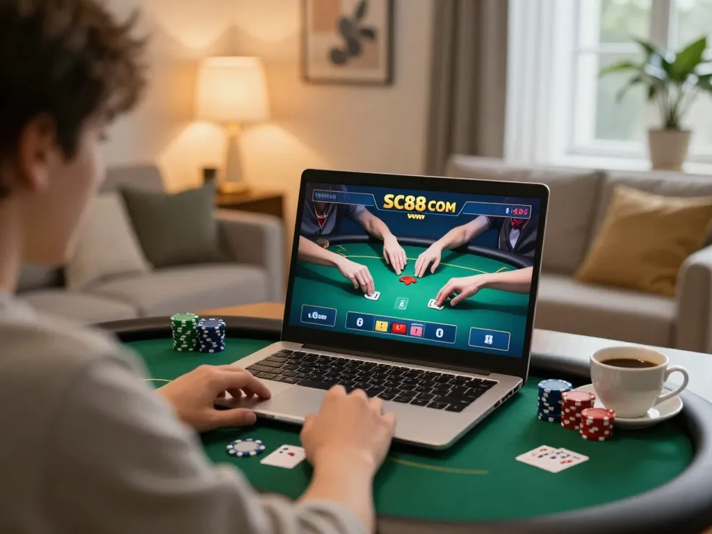 Engaged player strategizing poker on SC88 COM, cozy home environment with gaming setup