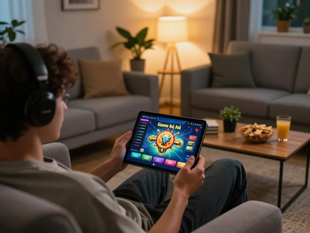 Enjoying Game bài nổ hũ on a tablet in a cozy home environment with snacks and warm lighting