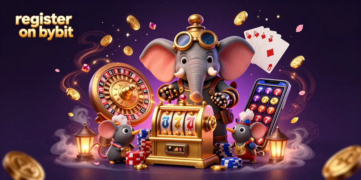 Play slots and register on Bybit with vibrant 3D illustration showcasing exciting gaming elements.
