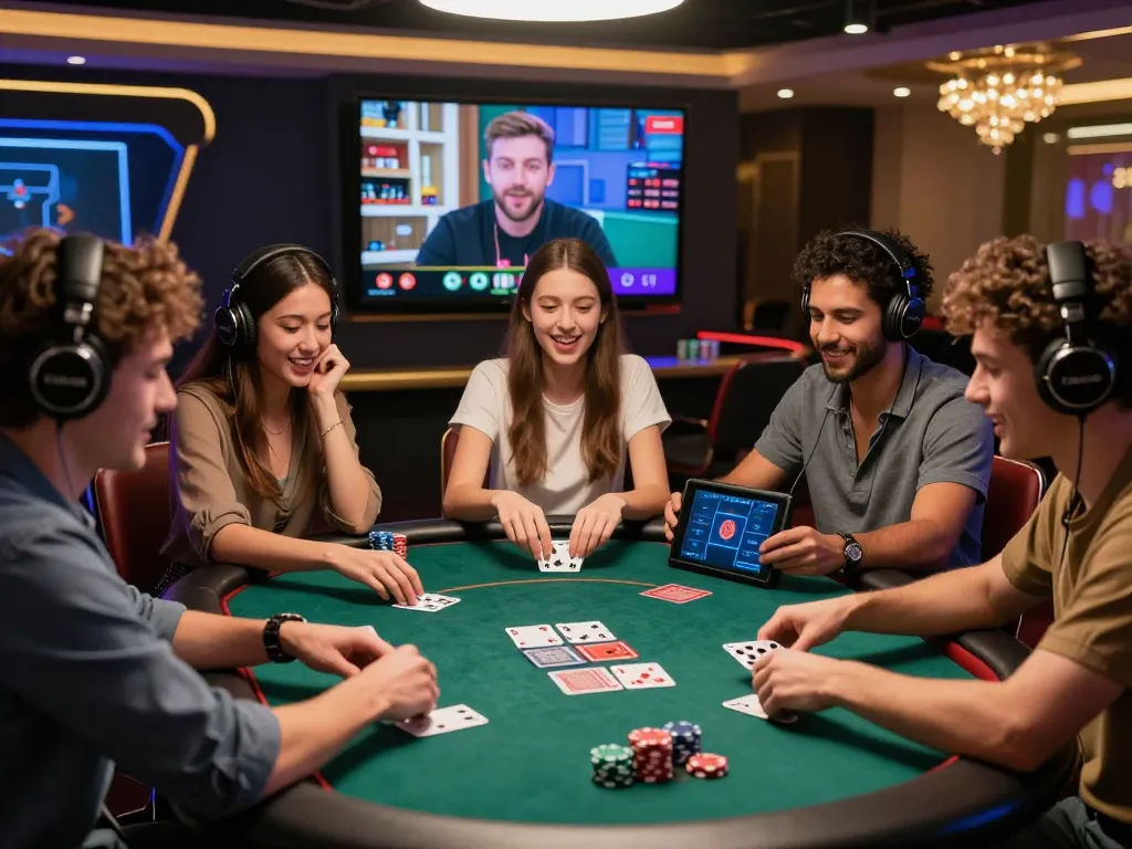 Friends enjoying the lively experience of the 99exch online casino, engaging in digital poker with colorful cards and chips.