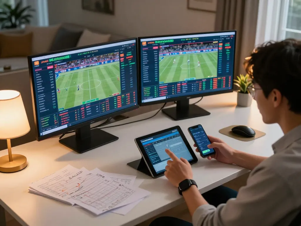 Person placing sports bets at home using tylekeonhacai88 on multiple screens for better odds