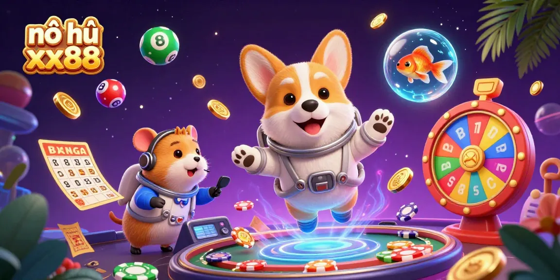 Play nổ hũ xx88 in a vibrant 3D casino scene with floating characters and dynamic game elements.