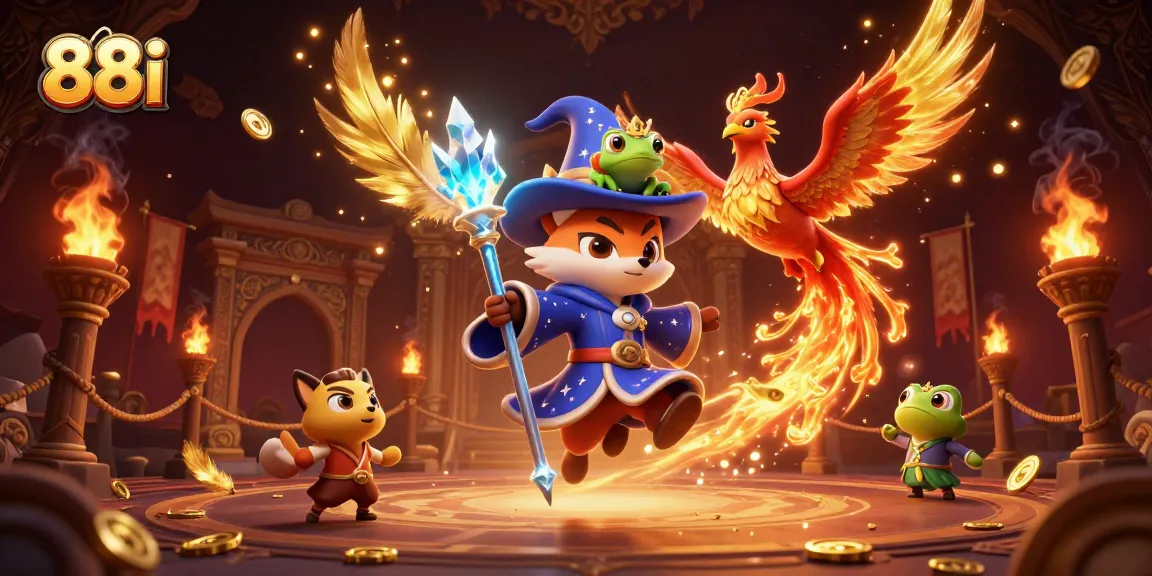 Engage in thrilling gameplay at 88i with a vibrant 3D scene of magical characters and betting tokens.