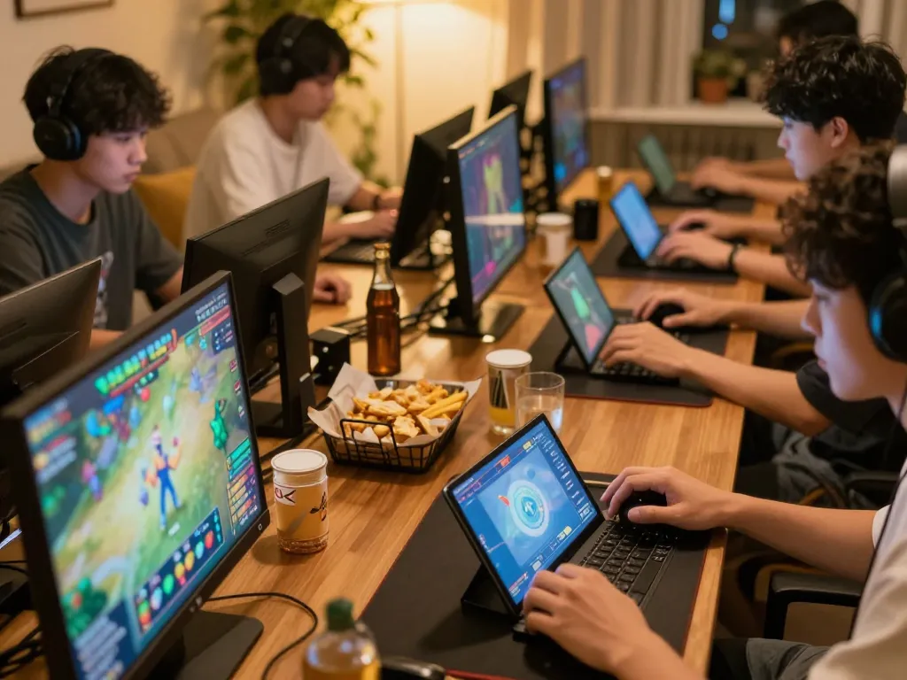 Engaged players enjoying online gaming on various devices, implementing strategies from emailcopyguru.