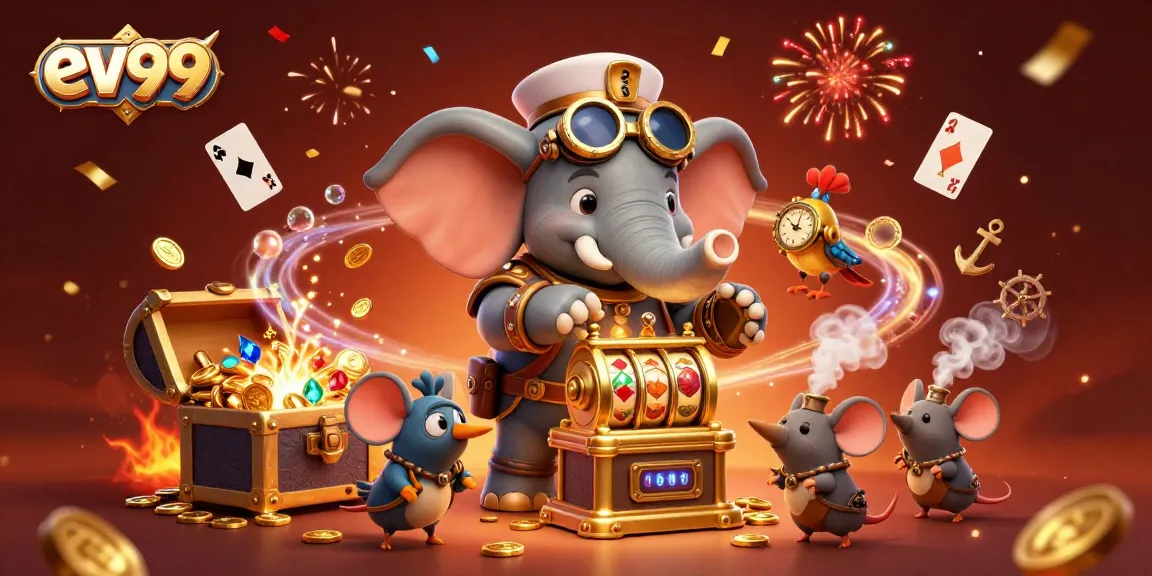 Spin the golden slot machine at ev99, featuring steampunk characters, gems, and vibrant casino elements.