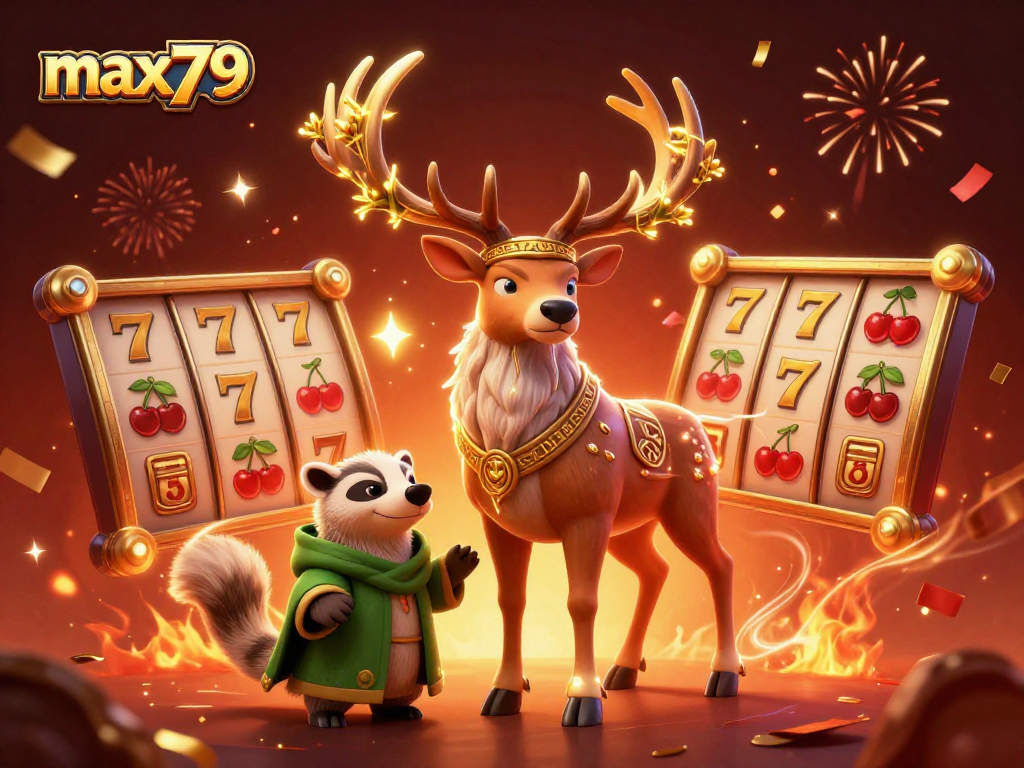 Experience thrilling wins at max79 with a magical 3D casino scene featuring a druid stag and joyful slot elements.