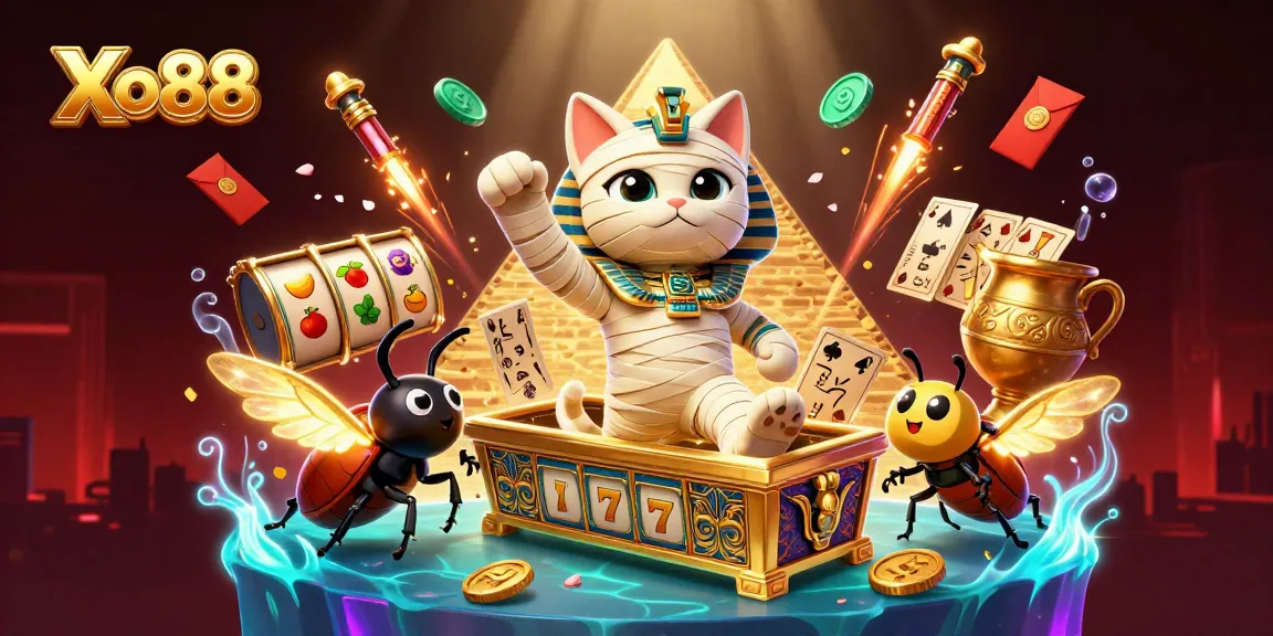 Xo88 showcases a vibrant casino scene with a mummy cat, scarab beetle, and slot reels.