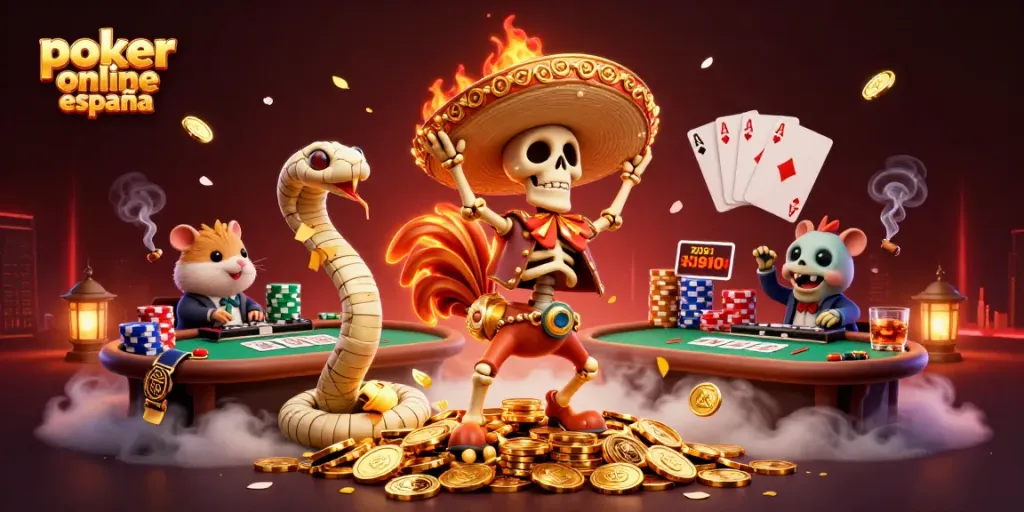 Explorando poker online España con un esqueleto mariachi y un DJ hámster en un ambiente festivo de juego.