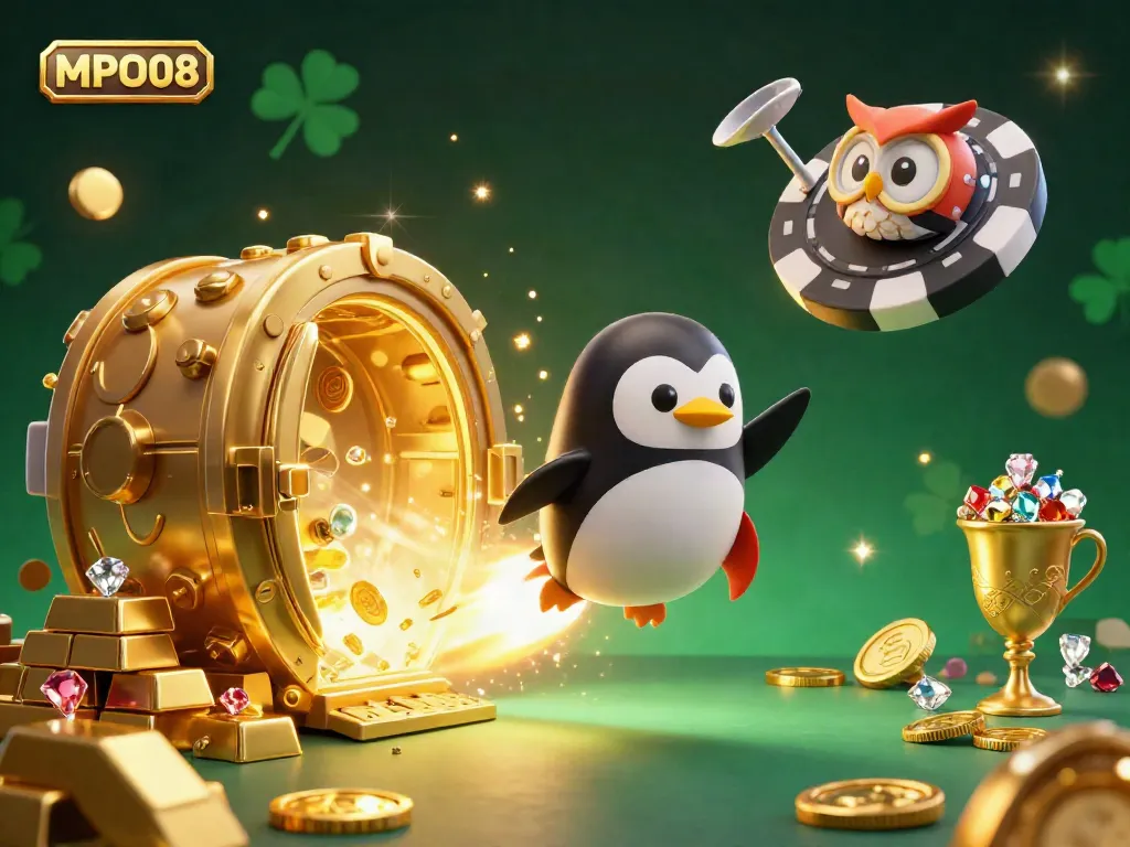 MPO08 transports players through a dynamic casino-themed adventure featuring a golden penguin and treasure elements.