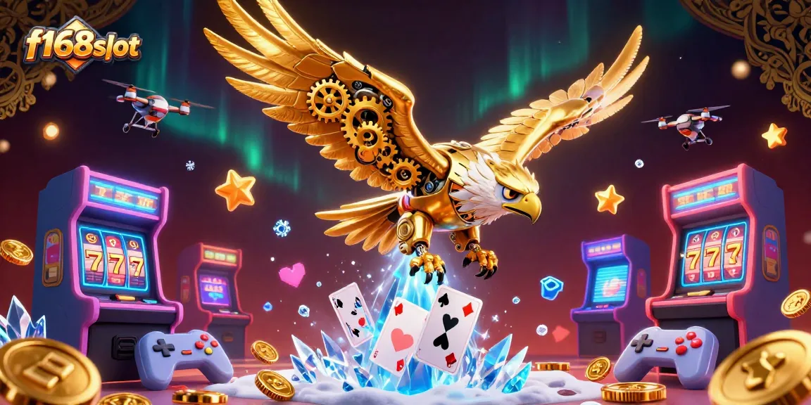 Engage with the vibrant f168slot scene where a cybernetic eagle dives through playing cards, embodying the thrill of online gaming.