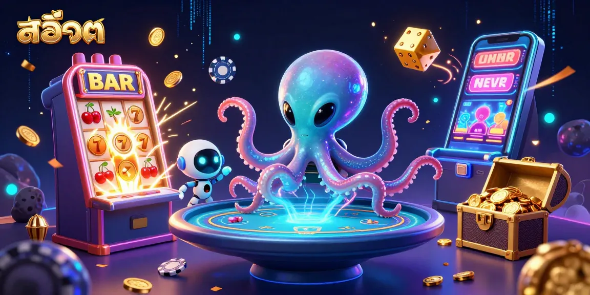 Experience thrilling สล็อต gameplay with an alien octopus at a holographic poker table, surrounded by dazzling casino elements.