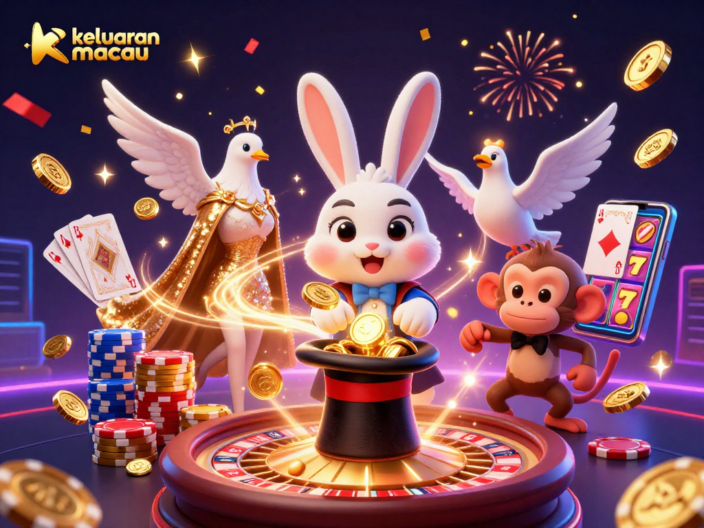 Uncover the keluaran macau fortune with a cartoon magician rabbit, glamorous dove, and monkey in a casino setting.