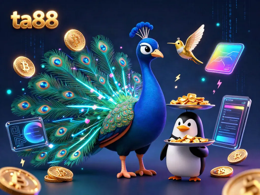 Experience thrilling gambling action at ta88 with a vibrant 3D casino scene featuring playful characters and crypto elements.
