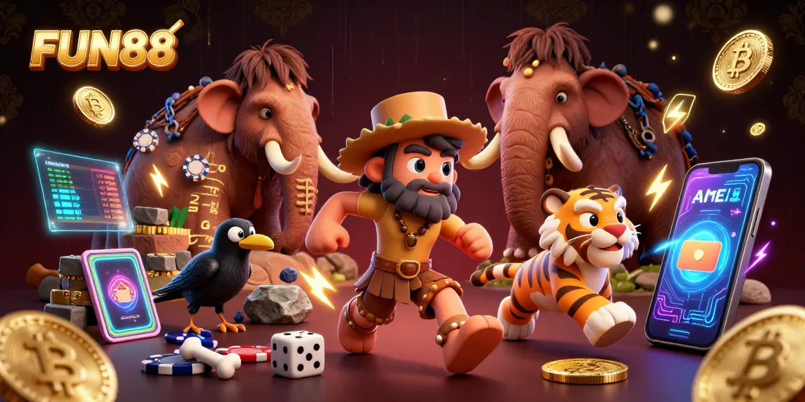 Play at FUN88 featuring a dynamic prehistoric casino scene with a caveman, sabertooth tiger, and cryptocurrency elements.