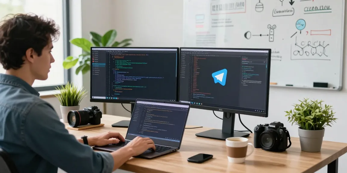 Telegram Download showcased in a professional workspace, featuring a developer using dual monitors with the app interface.