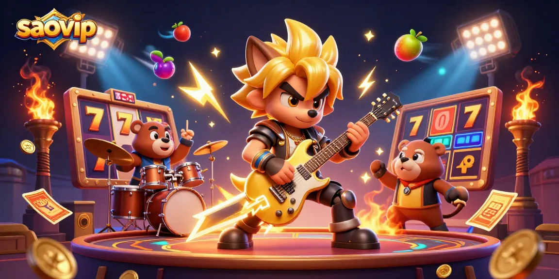 Experience thrilling slots at saovip with vibrant characters and dynamic casino elements in this 3D illustration.