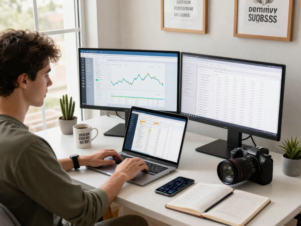 Un emprendedor trabajando en su oficina en casa utilizando Immediate Edge para el análisis financiero.