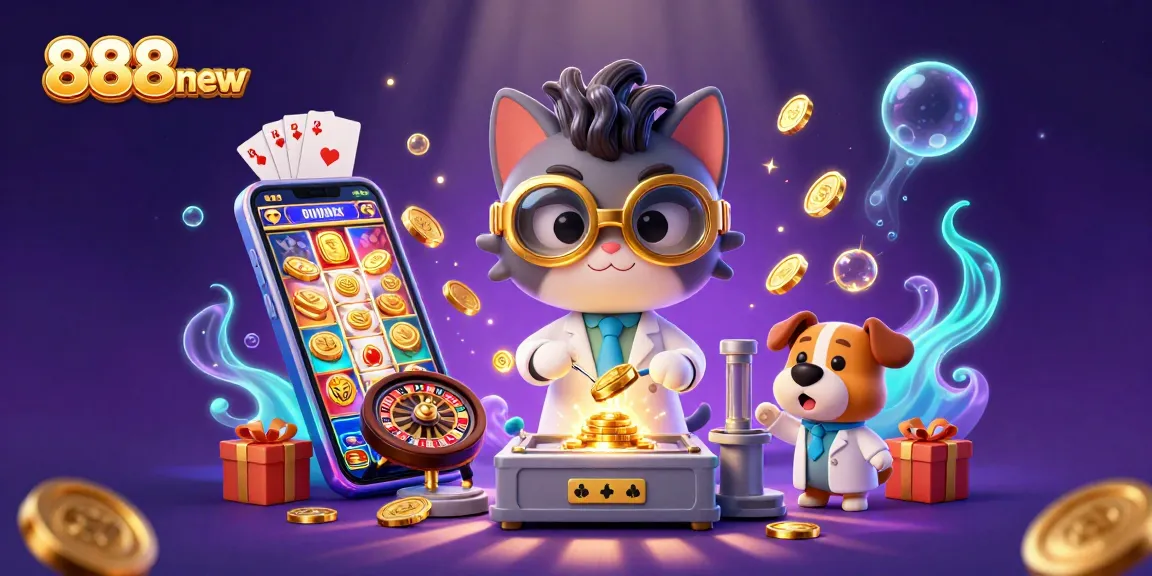 Spin to win at 888new with a vibrant 3D illustration showcasing a mad scientist cat and whimsical casino elements.