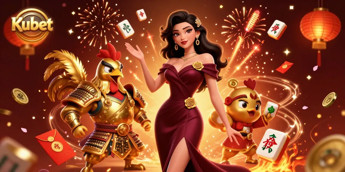 Kubet showcases a glamorous scene with a woman in a burgundy gown and a rooster warrior, surrounded by casino elements and festive decorations.