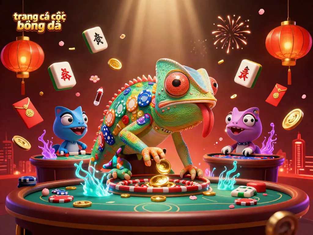 Trang cá cược bóng đá với hình ảnh chameleon khổng lồ và các yếu tố casino sôi động.