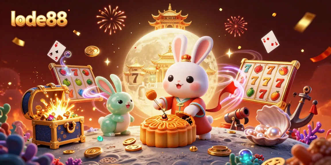 Experience lode88's captivating 3D casino scene with moon rabbit characters and vibrant slot elements.