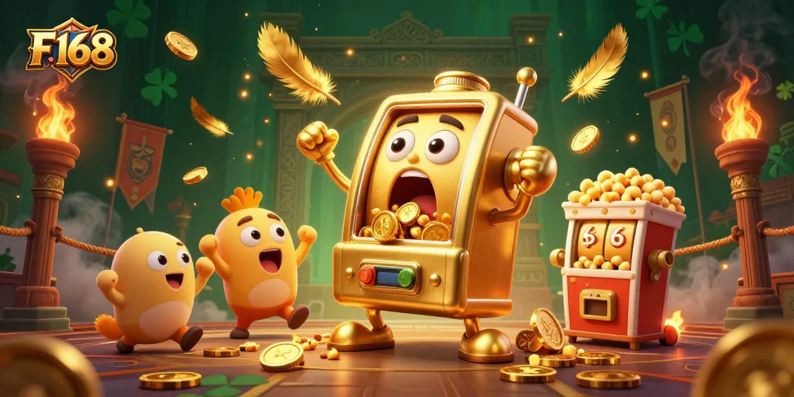 Experience the thrill of F 168 with a cartoon slot machine celebrating a jackpot amid golden tokens and vibrant effects.