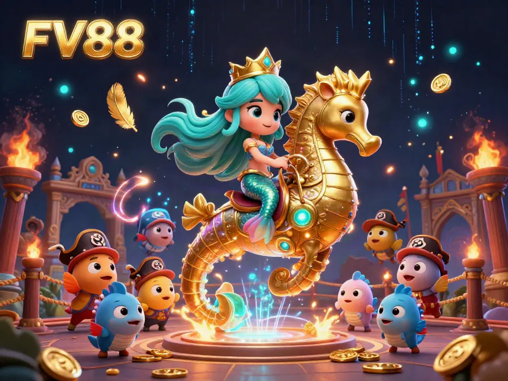 Experience thrilling gameplay at FV88 with a dynamic 3D illustration showcasing a mermaid princess and magical sea creatures.