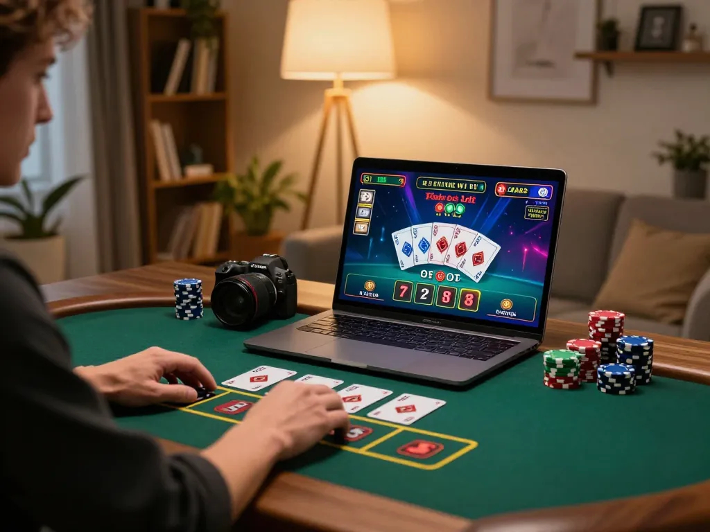 Engaging in a strategic online blackjack session at home during World Harp Day celebration