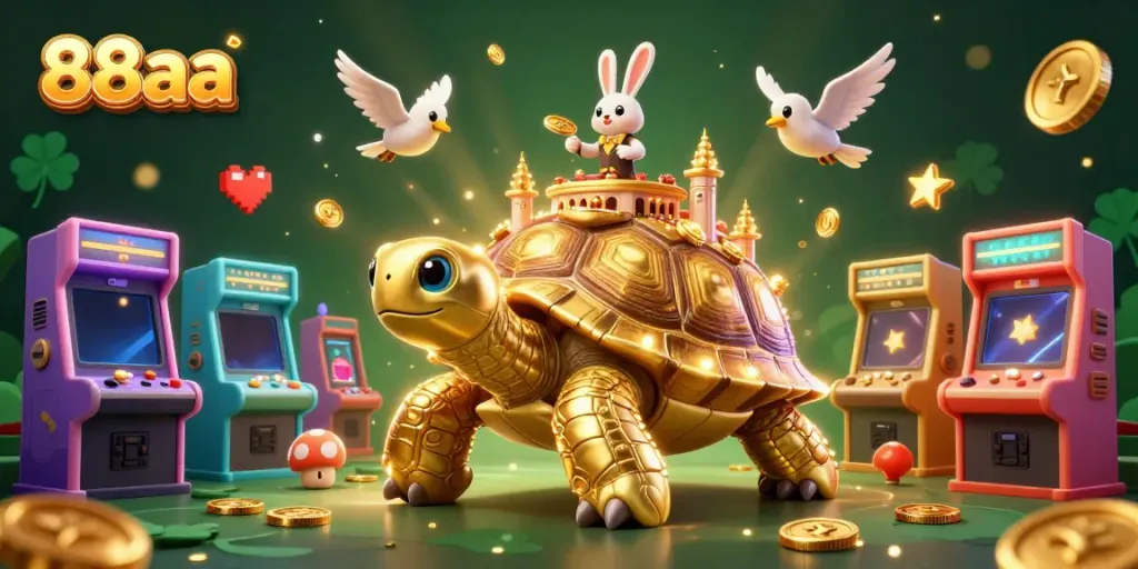 Experience the vibrant world of 88aa featuring a golden tortoise casino, vibrant game elements, and interactive scenes.