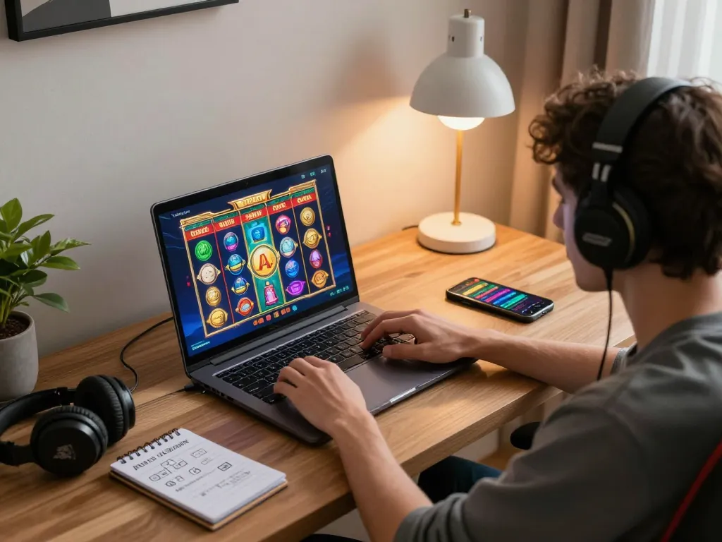 Engaging in a Demo Slot session on a laptop in a cozy home gaming setup