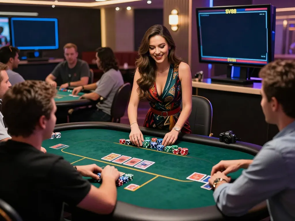 Exciting live dealer game at SV88 online casino, featuring engaging players and a charming dealer.