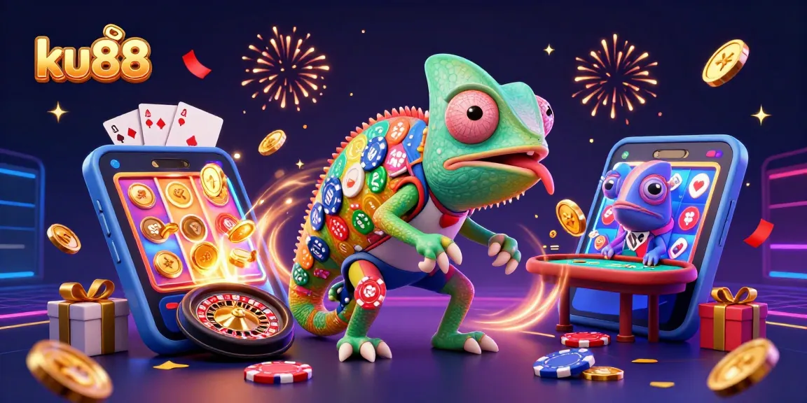 ku88 chameleon casino owner with poker and slot game elements in a festive atmosphere