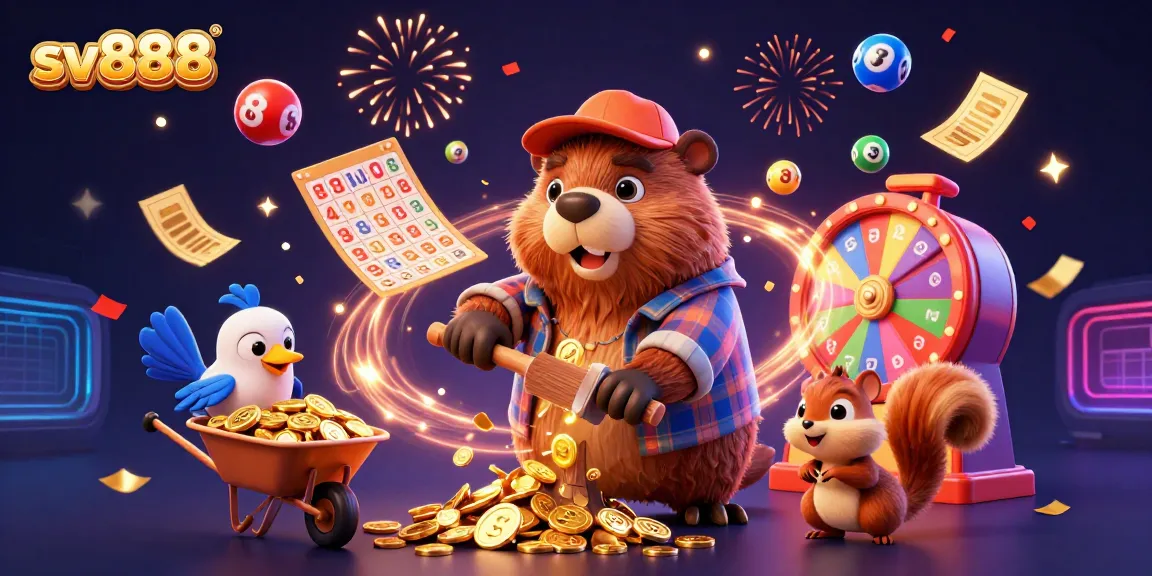 Experience gaming excitement with sv888 as cartoon characters celebrate winnings with lottery balls and confetti.
