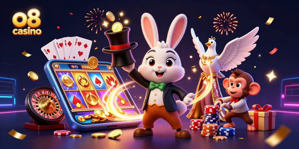 Spin to win at o8 casino with a magician rabbit, glamorous dove, and monkey showcasing vibrant gaming excitement.