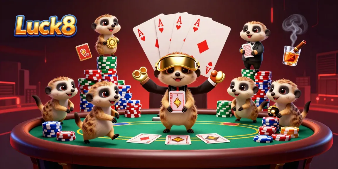 Engage with Luck8's vibrant cartoon casino scene featuring meerkats playing cards.