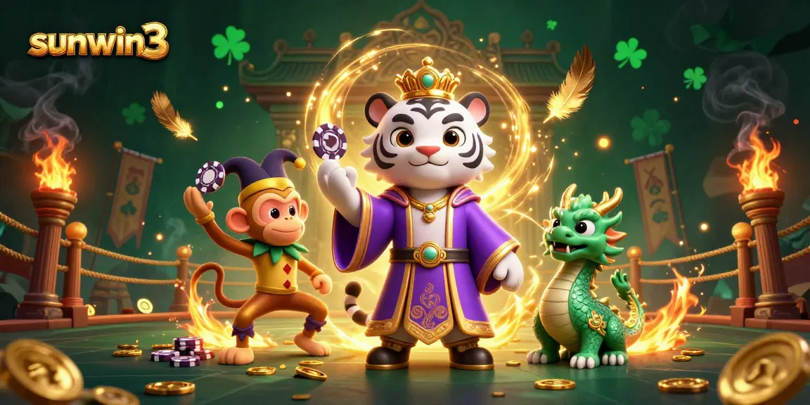Experience the excitement of sunwin3 with a vibrant illustration featuring a tiger, monkey, and dragon in a dynamic casino setting.
