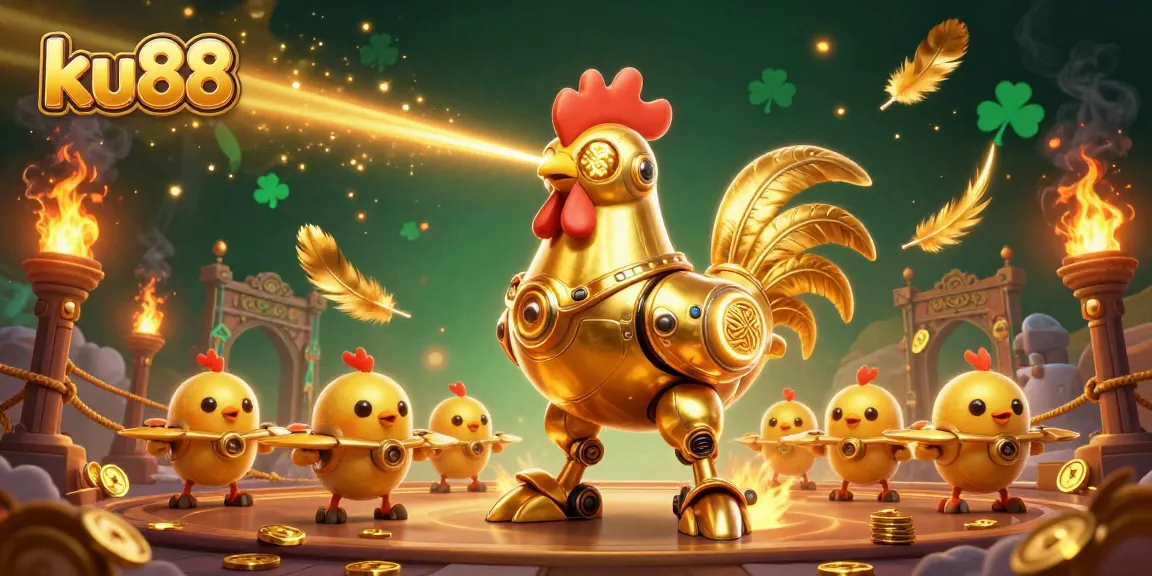ku88's vibrant 3D casino scene features a golden rooster robot and dynamic gameplay elements.